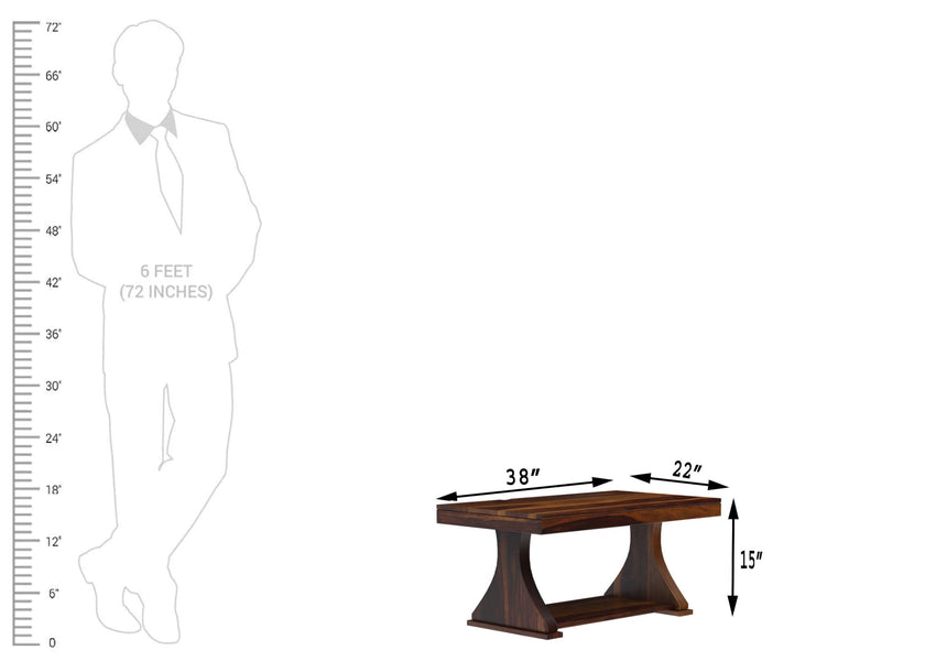 Yeshua sheesham coffee table size chart with human scale reference