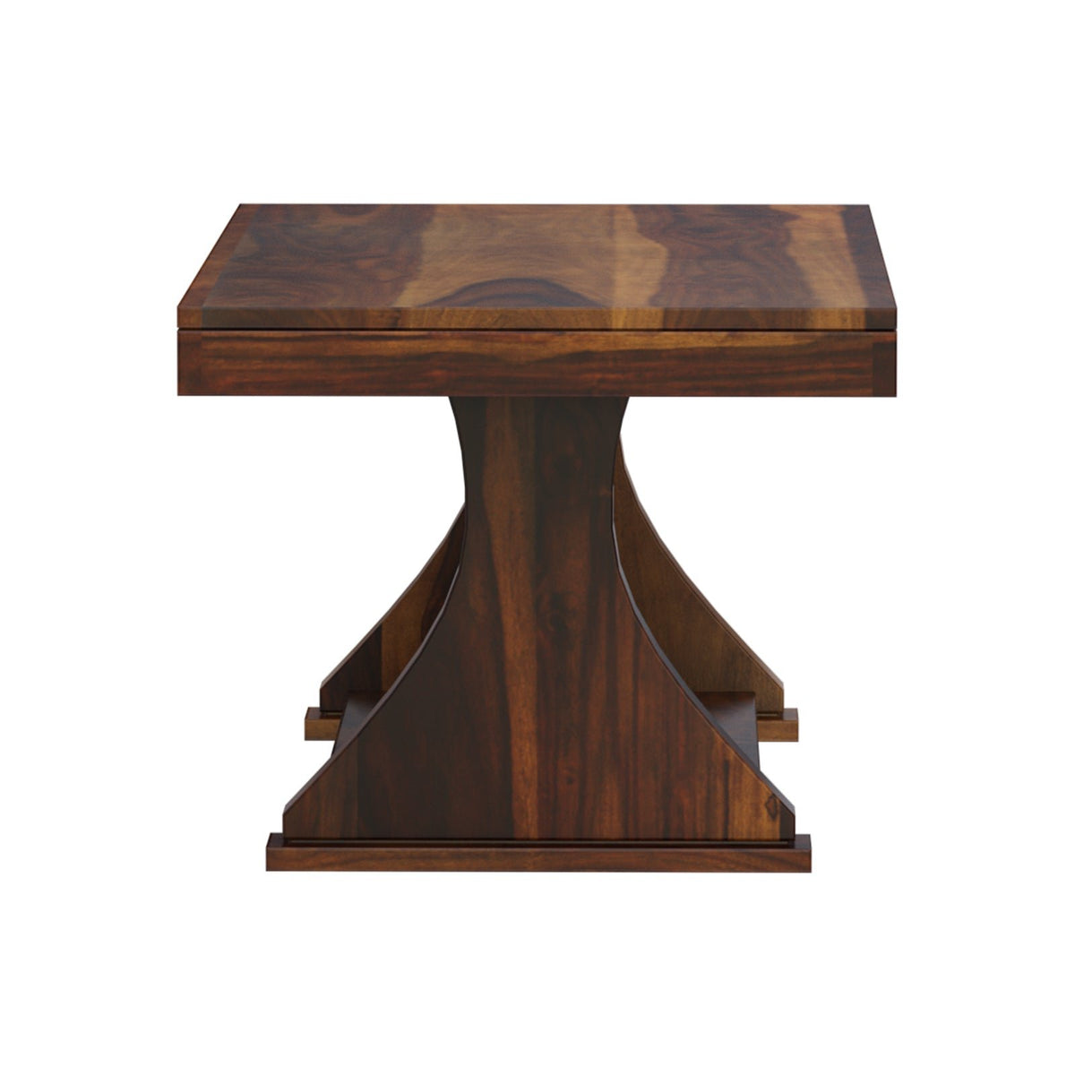Yeshua sheesham coffee table end view showing curved pedestal base
